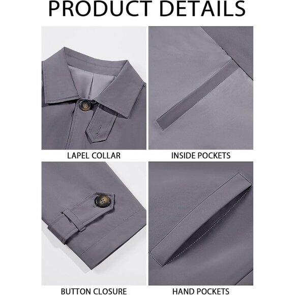 💫 Men Grey Mid Long Trench Coat Single Breasted Slim Fit Casual Fall Jackets - Picture 5 of 5